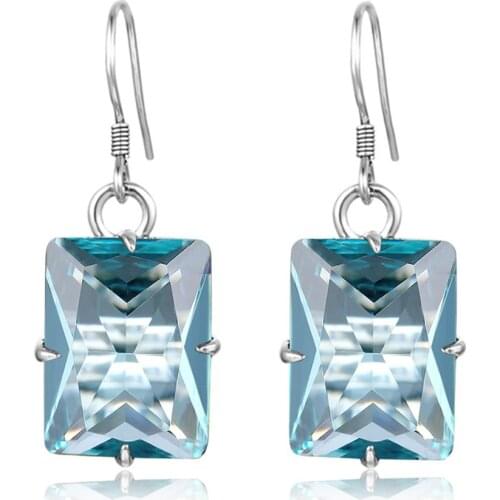 Szjinao Aquamarine Women Earrings Luxury Platinum Silver 925 Earrings Gemstones Square Viking Jewellery Engrave Orecchini Hot