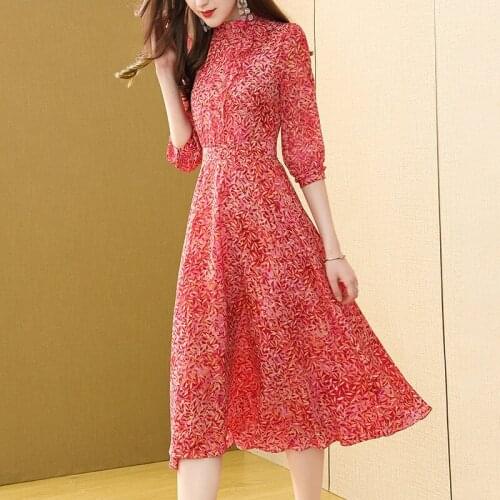 Silk Red Floral 200% Summer Dresses Midi Dress for Women Elegant Fashion 2020 Office Lady Vestidos 22622 Pph425