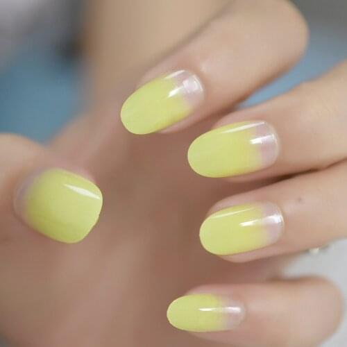 Summer Neon False Nails Ombre Lemon Yellow Oval Short Gradient Press On Fingernails Kit 24 with Glue Sticker