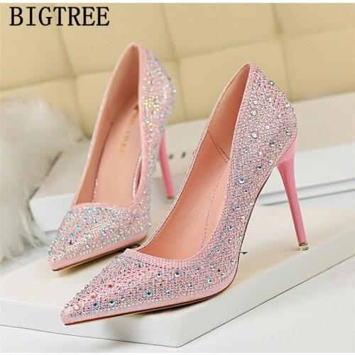 Wedding Heels Crystal Shoes Ladies Pumps Bigtree Shoes New Arrival 2020 Pink Heels Rhinestone Shoes Women Luxury Heels Ayakkabi
