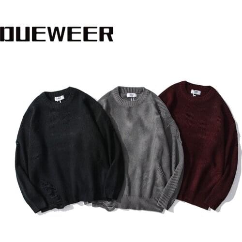 Dueweer Men Women Knit Sweaters Red Wine Ripped Pullovers Jumpers Hip Hop Destroyed Harajuku Tassel Sweater