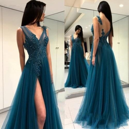 Backless Evening Dresses A-line Scoop Tulle Appliques Pearls Slit Sexy Dubai Saudi Arabia Long Prom Dress Gown Robe De Soiree