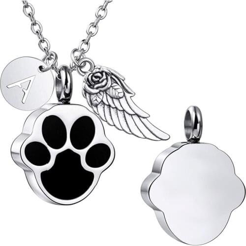 Stainless Steel Animal Paw Print Jewelry Urn Pendant With Letter and Angel Wing Charm Cremation Memorial Pet Memorial Necklace