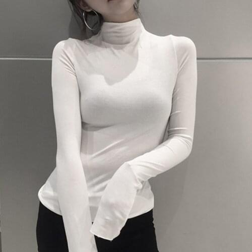 Korean Harajuku Long-sleeved Bottoming Shirt Women Solid Color High Collar Slim Bottoming Women Shirts Black Girlfriends Blouse