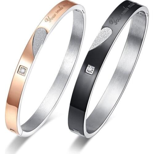 Trendy Black Rose Gold Love Heart Bracelets Bangles Women Stainless Steel Charming Crystal Bracelet Lovers Jewellery