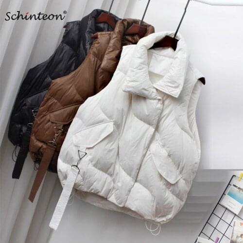 Schinteon Women White Duck Down Vest Casual Loose Over Size Stand Collar Winter Warm Waistcoat Gilet Korean Style New 2021
