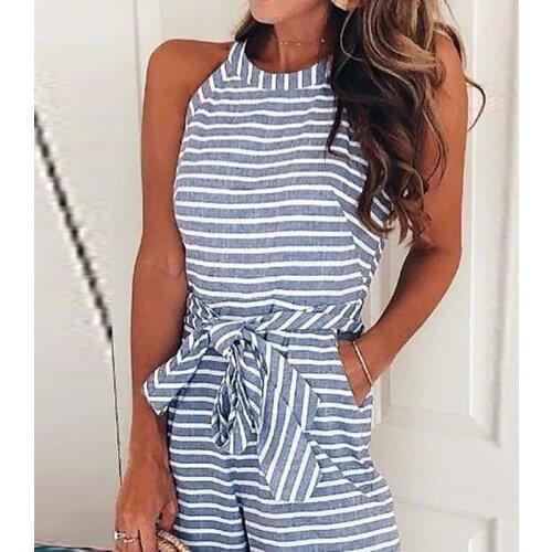 Women Striped Casual Sleeveless Playsuit Women Summer Wide Legs Bow Sashes Jumpsuits Ladies Holiday Beach Tunic Romper Club Wear