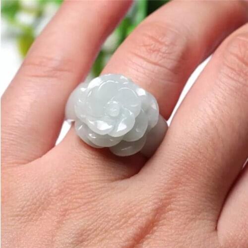 Natural White Jade Emerald Rose Flower Ring Hand-Carced Chinese Charm Jewelry Gifts for Women