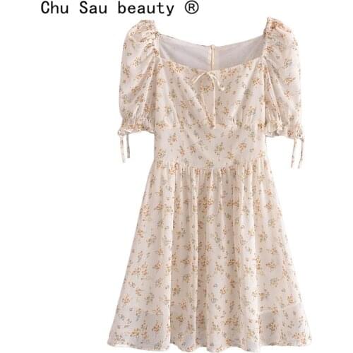 New Fashion Sweet Chic Floral Printed Chiffon Summer Mini Dress Women Street Style Puff Sleeve Bow Dresses Female Vestidos