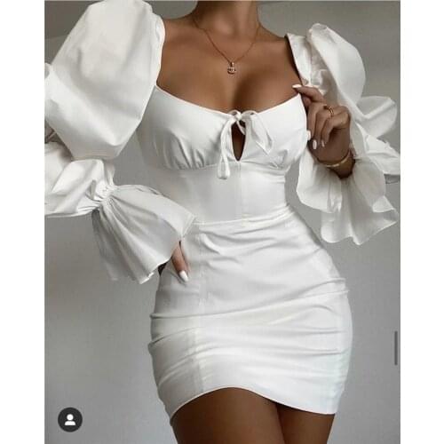 Woman Square Collar Low Out Lace Up Mini Dress Full Puff Sleeve Stretchy Bodycon Dresses Sexy Vestidos 2021 Autumn Outfits