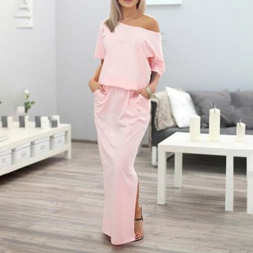 Women Casual Short Sleeve O Neck Pockets Side Slitting Hem Long Loose Dress