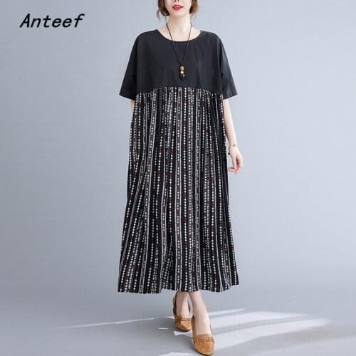 Short sleeve cotton vintage floral strioe dresses for women casual loose long woman summer dress elegant clothes 2021