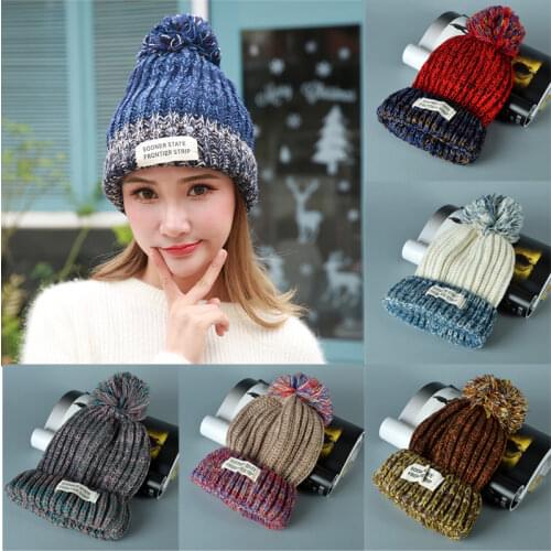 Winter Adult Unisex Thicken Pom Pom Knit Acrylic Hat Women Warm Beanies Skullies Men Letter Patch Ski Cap