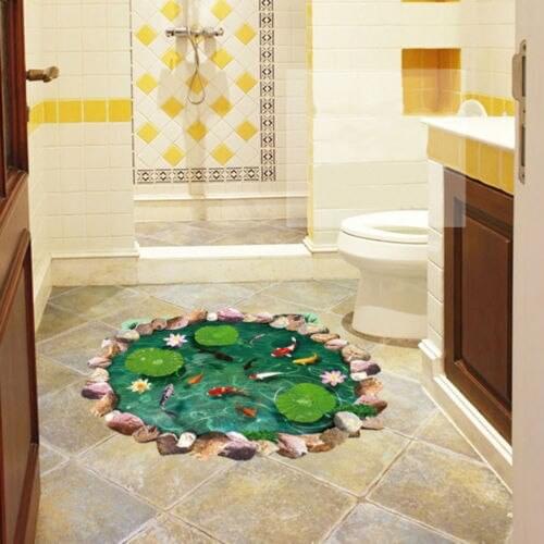 3D Creative Effect Carp Pond Waterproof Bathroom Floor Decal Removable Wall Sticker Decor