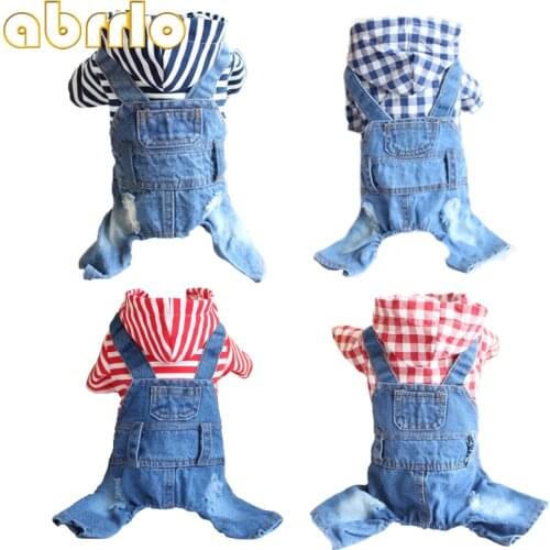 Abrrlo Denim Stripe Pet Dog Jumpsuits Puppy Cat Plaid Hoodie Jean Coat Four Feet Clothes For Small Dogs Chihuahua York Jacket