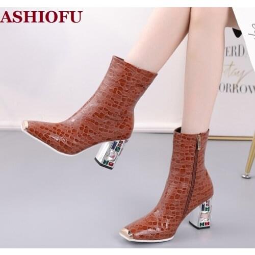 ASHIOFU A820 Newest Handmade Block Heels Ladies Ankle Boots Colorful-heeled Party Retro Martin Booties Plus Size Fashion Boots