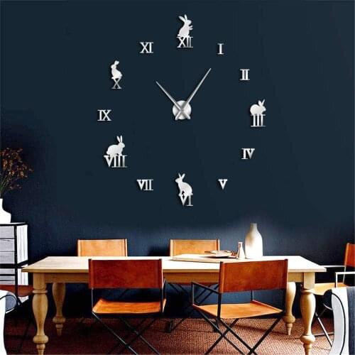 Rabbit with Roman Numerals DIY Large Frameless Wall Clock Watch Animals Lover Home Decor Mirror Effect Bunny Children Clock Gift