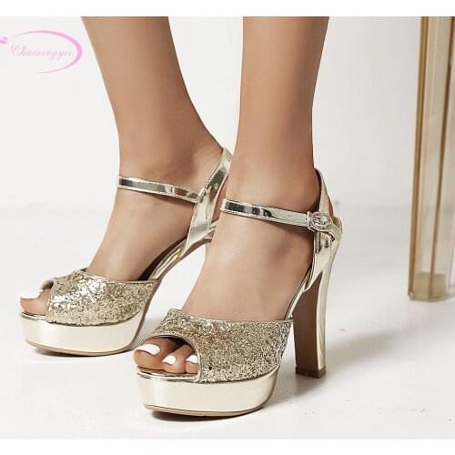 Party style sexy peep toe summer sandals fashion glitter paillette paint buckle platform high heels chunky heels womens shoes