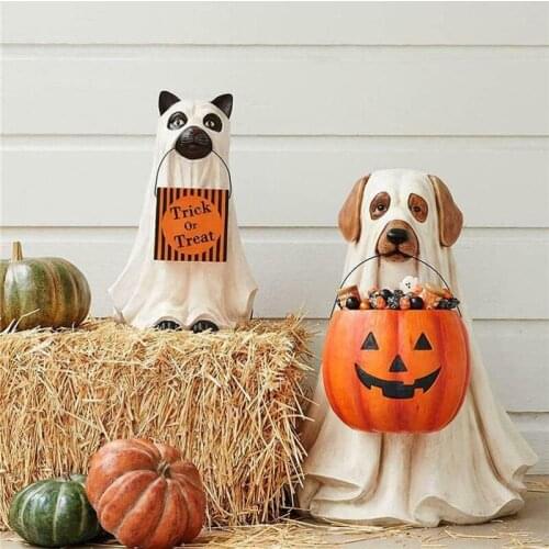 Halloween Ghost CandyBowl Statue Dog/Cat Pumpkin Trick Or Treat Sculpture Halloween Ornaments Resin Crafts Home Garden Decor