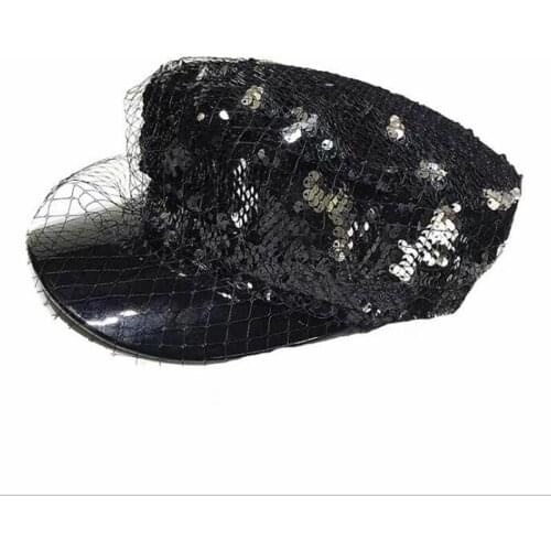 New sequins women PU Military Cap fashion mesh Sequined Baker Boy Hat Female Vintage Hats