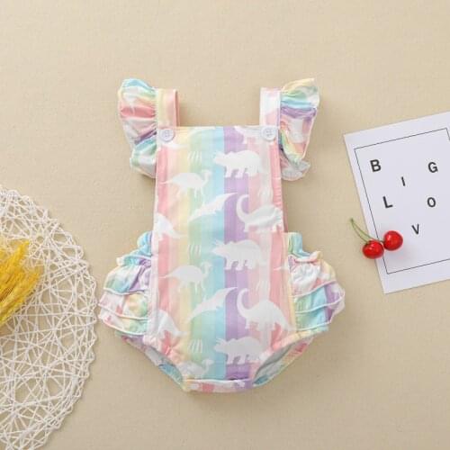 Baby Girls Sweet Ruffles Fly Sleeve Romper Fashion Dinosaur Rainbow Stripe Backless Jumpsuits Summer 2021