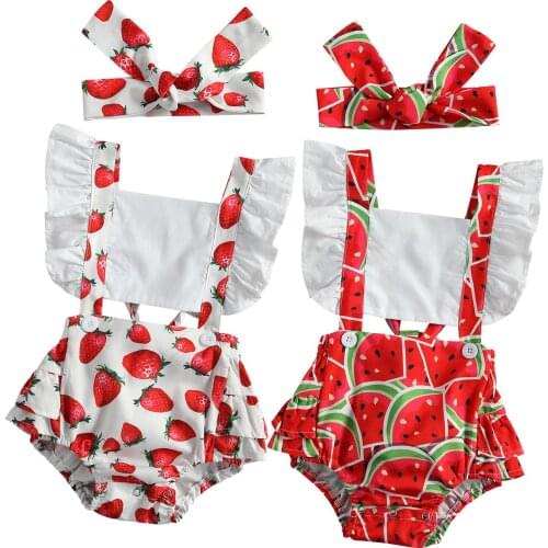 Lioraitiin 0-24M Newborn Infant Toddler Baby Girl 2Pcs Fruit Printing Set Girls Square Collar Flying Sleeve Romper Headband