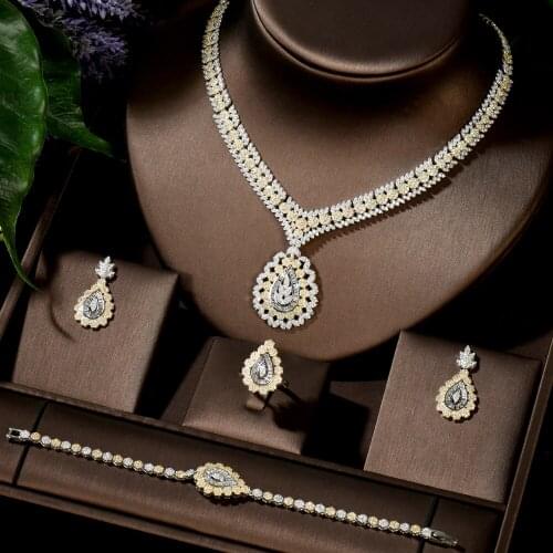 HIBRIDE Luxury 4pcs Geometric Bridal Zirconia Jewelry Sets for Women Party Dubai Nigeria CZ Crystal Wedding Jewelry Sets N-1440