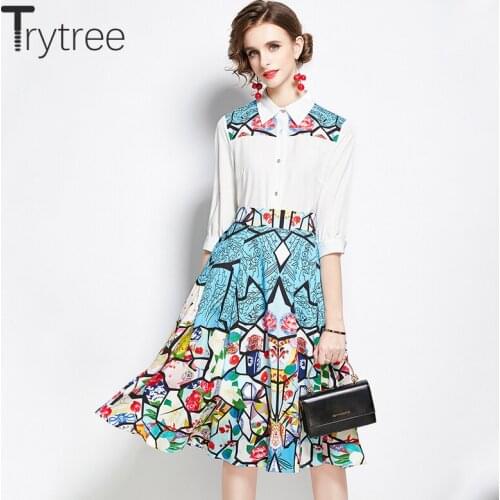 Trytree 2020 Summer Casual two piece Women Sets Turn-down Collar Shirt + A-line Skirt Zip Office Lady Printed Suit 2 Piece Set