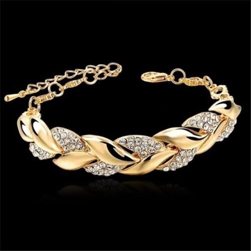 Fashion Gold Braided Leaf Bracelets for Women Luxury Crystal Hand Chain for Bridal Wedding Jewelry