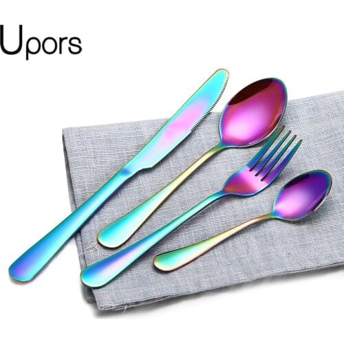 Upors 4Pcs Cutlery Set Rainbow Dinnerware Set 304 Stainless Steel Steak fork knives Tableware Cutlery Dinner Set