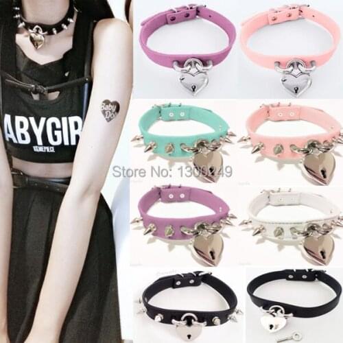 Harajuku NEW Hot Dark Sweet heart choker LOCK & KEY Rivet Necklaces leather handmade punk torque club party free shipping