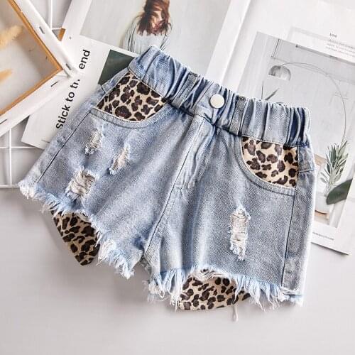 Girls' wear denim shorts new summer casual five-point pants baby children fashion children wild leopard girl short hot pants