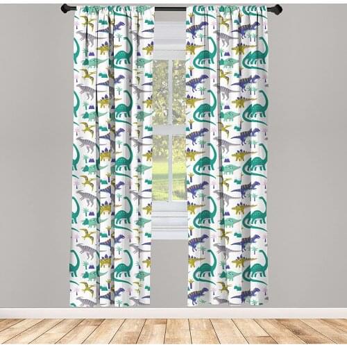 Nursery Window Curtain Simplistic Colorful Cartoon of Various Dinosaurs Mountains and Palm Trees Print Lightweight Decorative