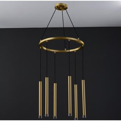 Postmodern light luxury all-copper restaurant bar coffee shop staircase straight pipe art chandelier