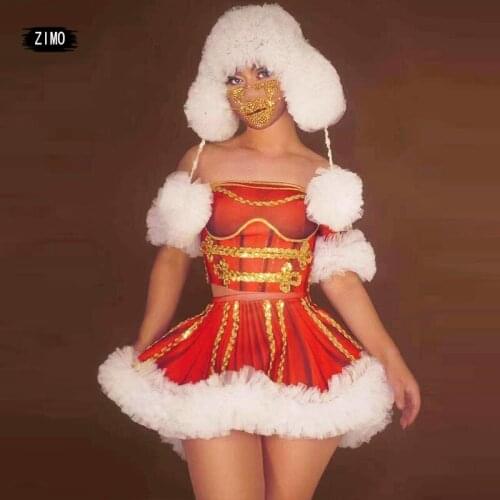 Christmas costume adult female Christmas costume Holiday dj nightclub party sexy stage show 2 piece Tops and skirts hat headwear