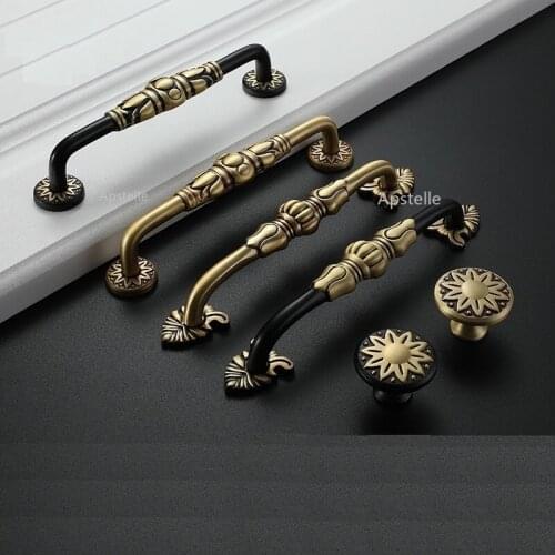 Drawer Cabinet Knobs Vintage Copper Black Flower Kitchen Cupboard Hardwares Wardrobe Door Handles Brass Box Pull