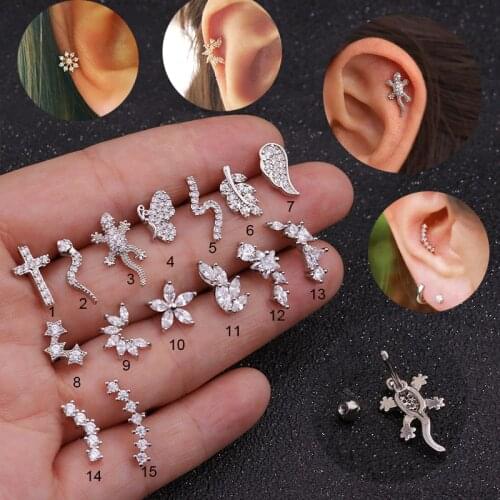 1Pc Cross Heart Flower Crown Cz Ear Studs Helix Piercing Cartilage Earring Conch Rook Tragus Stud Ear Piercing Jewelry