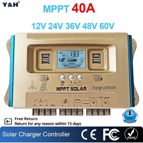 Y&H 40A Wind Solar Hybrid Controller MPPT LCD Dual USB 12V 24V 36V 48V 60V Battery Charging Regulator