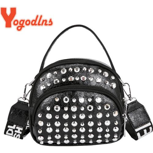 Yogodlns Fashion Rivet Shoulder Bag Women PU Leather Saddle Bag Round Small Crossbody Bag Designer Messenger Handbag Lady Purse