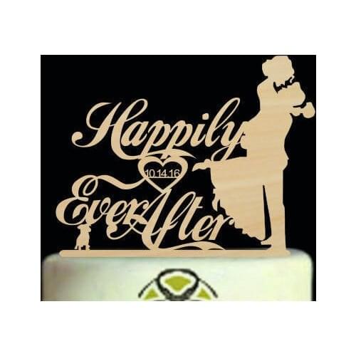 Happily Ever After Cake Topper,Wood Custom Wedding Date Cake Topper,Personalized Bride and Groom Silhouette Cake Topper with Dog