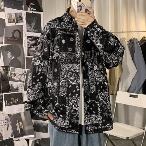 Japanese Loose Printing Long-sleeved Shirt Spring Newport Style Large Size Mens Casual Cashew Flower Shirt Harajuku Man Shirt