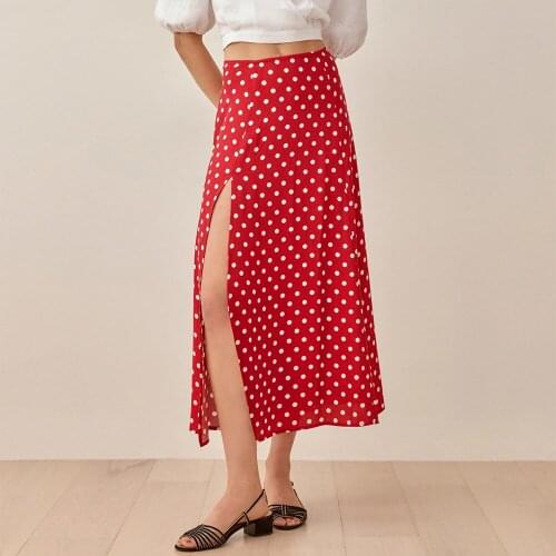 Summer Skirts Womens 2021 Fashion Women Clothing A Line Casual Polka Dot Skirt High Waist Elegant Sexy Side Slit Midi Skirt