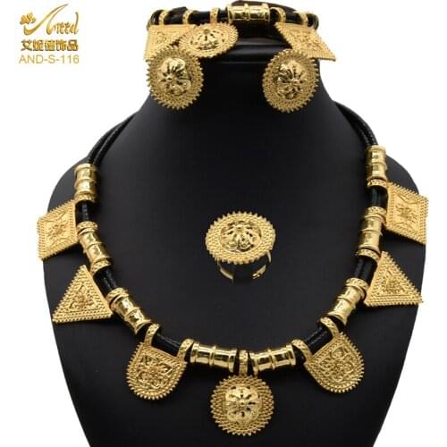 Jewelery Set Gold Plated Necklace Filled Polynesian Jewelry Set For Women 24K Collars African Arabic Ring Chandelier Earrings