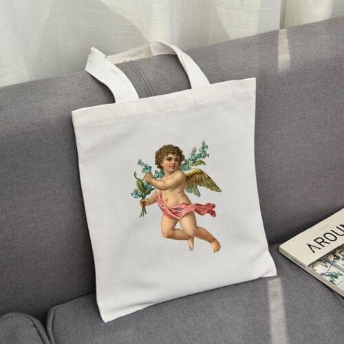 Funny Cute Vintage Harajuku Angel Print Canvas Shoulder Bags for Women Eusable and Foldable Shopping Bag Female Eco Tote Bags