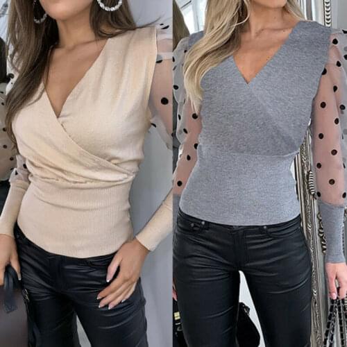 Women Puff Long Sleeve Polka Dot Tops Blouse Ladies Casual Pullover Blouse Sexy V-neck Patchwork Jumper Tops Shirt Female Blusas