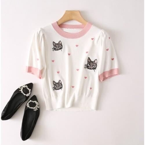 2021 Hot Sale 20621 Non Real Shot Net Red Picture Round Neck Kitten Love Short Sleeve Knitted T-shirt 32