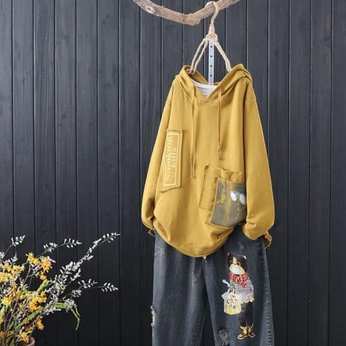 New Arrival 2021 Spring Arts Style Women Long Sleeve Loose Pullovers Plus Size Print Patchwork Cotton Casual Hooded Hoodies V74