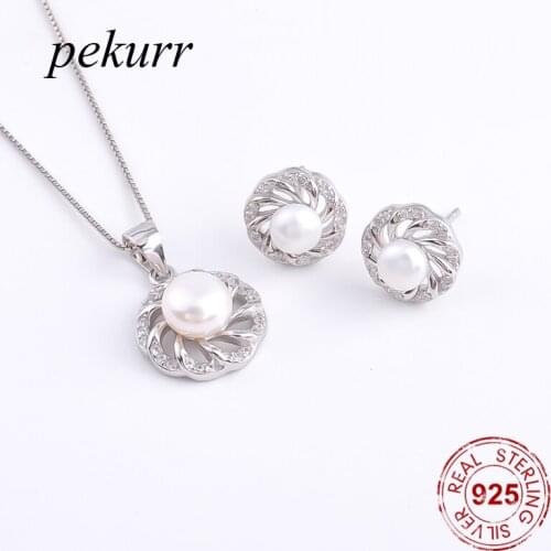 Pekurr 925 Sterling Silver Zircon Vortex Flower Freshwater Natural Pearl Earrings Necklace Sets For Women Round Pendant Jewelry