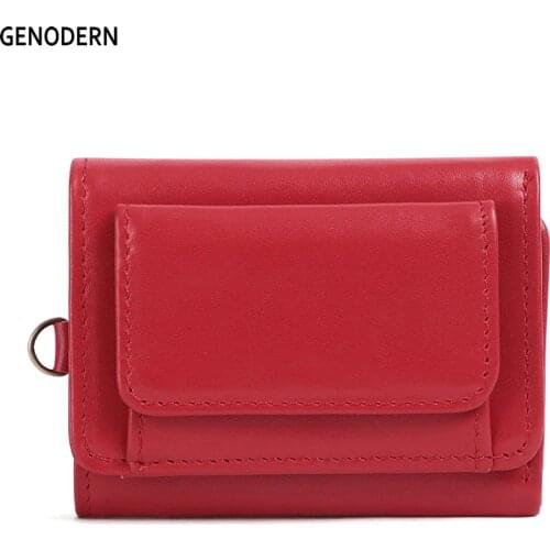 GENODERN New Short Women Wallet Genuine Leather Wallet for Woman Trifold Lady Purse with Coin Holder Small Female Purses
