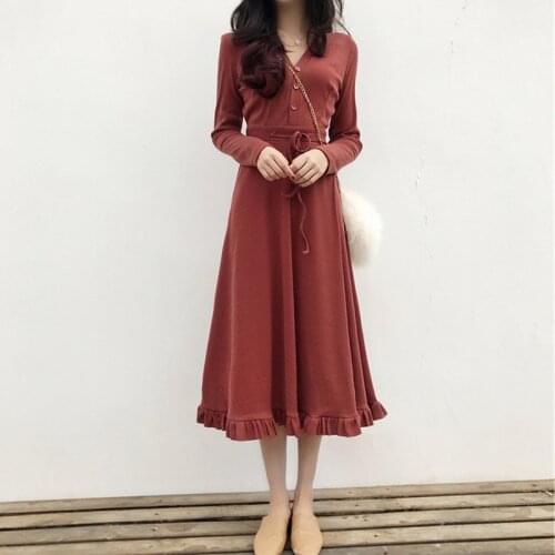 2021 Spring & Autumn New Sexy Black Long-sleeved V-neck Dress High Waist Slimming Simple Casual Women Long Dress Free Shipping